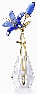 Crystal Floral Figurine Lily Flower Collectible Gifts for Women, Glass Lilium with Crystal Vase Metal Stem for Home Wedding Party Decor (Blue)