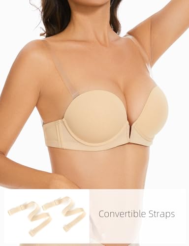 YBCG Women Backless Bra with Clear Back Straps Plunge Convertible Push Up Padded Add A Cup Low Cut Underwire Bras for Women4