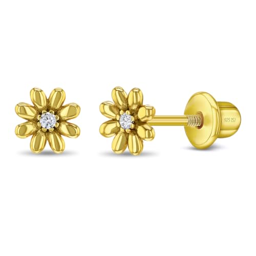 925 Sterling Silver Yellow Gold Flashed Flower Puffed Safety Screw Back Earrings For Toddlers and Young Girls - Children's Flower Shaped Earrings