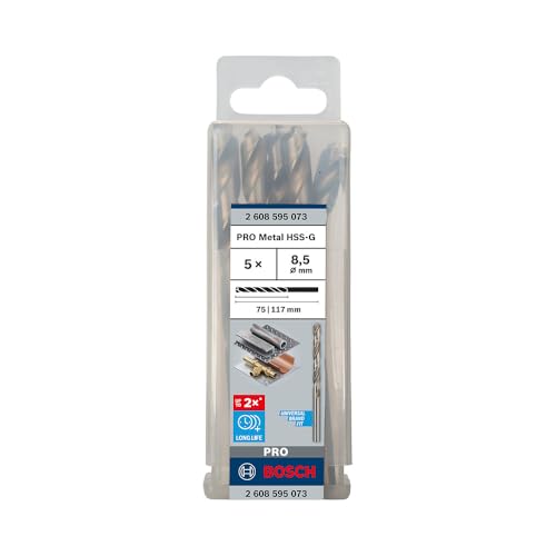 Bosch 5x PRO Metal HSS-G Spiralbohrer Standardlänge (für Nichteisenmetalle, Stahl, Ø 8,50 mm, Professional Zubehör Bohrmaschine/Schrauber)