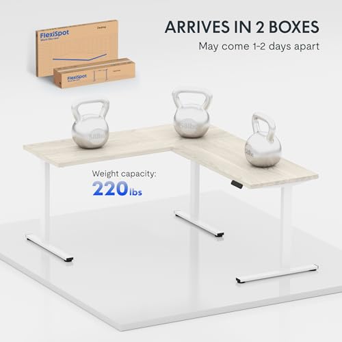 Image of FLEXISPOT L Shaped Standing Desk, 71 x 63 Inch Electric Height Adjustable Corner Desk, Sit Stand Computer Workstation, Preset Controller, Home Office, White Frame with Maple Top, White Drawer