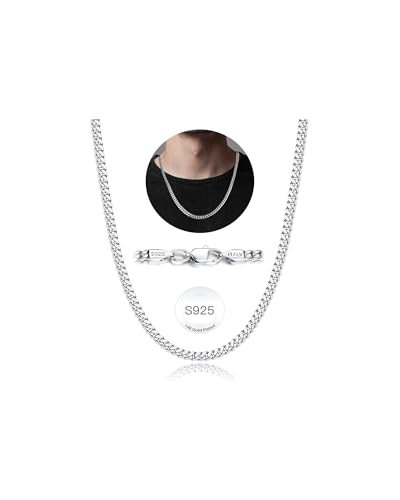 ONLVULF Solid 925 Sterling Silver Chain Necklace for Men Women, 4mm Miami Mens Cuban Link Chain for Men, Men's Chain Necklace, 24 Inch