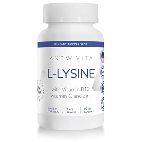 Anew Vita L-Lysine Supplement with Vitamin B12 + C + Zinc for Lip, Mouth, and Oral Tissue Health - Enhanced Wellness Support - Non-GMO, Gluten-Free - Made in USA - 60 Vegetable Capsules, 500mg Cover