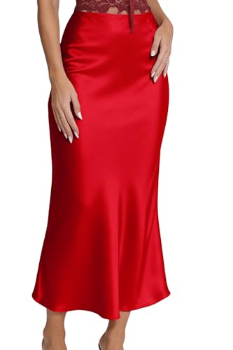 LCNBA Women's Spring Summer High Waist Satin Skirt Silk Elegant Cocktail Party Midi Skirts Red Medium