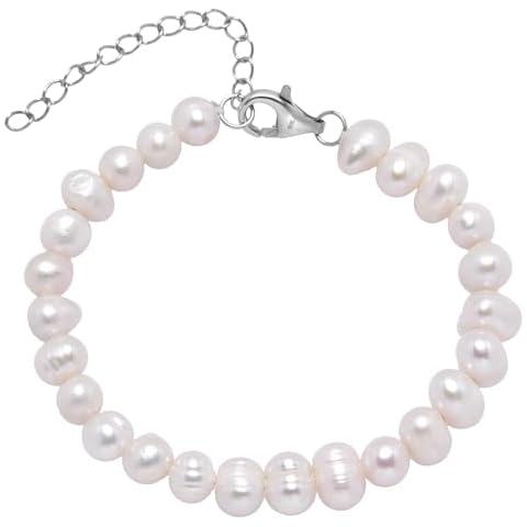 ZVVBOO 925 Sterling Silver Freshwater Pearl Bracelet for Women White Pearl Elegant Jewelry Secure Lobster Clasp and Extender Chain Cover