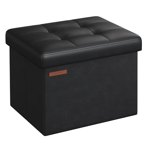 SONGMICS Small Folding Storage Ottoman, Foot Rest Stool, Cube Footrest, Synthetic Leather, 12.2 x 16.1 x 12.2 Inches, 286 lb Capacity, for Living Room, Bedroom, Dorm, Ink Black ULSF100B01 1