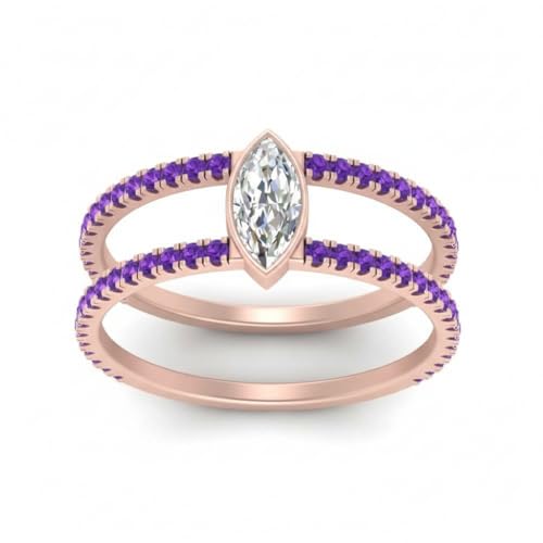 Image of Choose Your Gemstone Marquise Bezel Set Diamond CZ Band Rose Gold Plated Marquise Shape Split Shank Engagement Ring Lightweight Office Wear Everyday Gift Jewelry US Size 4 to 12