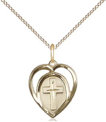 14kt Gold Filled Heart Cross Pendant on a 15 inch Gold Filled Light Curb Chain.
