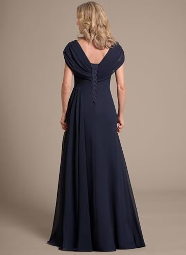 Chiffon Mother of The Bride Dresses for Wedding Long Ruched Cap Sleeve V Neck Formal Mother of The Groom Dress DD0022