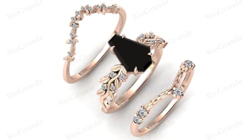 Generic Vine Leaf Vintage 1 CT Coffin Shaped Black Onyx Engagement Ring Set Yellow Rose White Gold Art Deco Black Onyx Wedding Ring Set Bridal Anniversary Ring Set Antique Unique Promise Rings Sets4