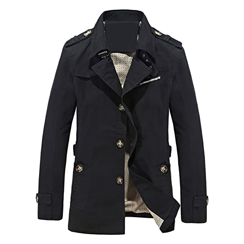 Maiyifu-GJ Men's Cotton Trench Coat Slim Fit Single Breasted Windproof Long Jacket Fall Casual Business Windbreaker Overcoat (Black,3X-Large)