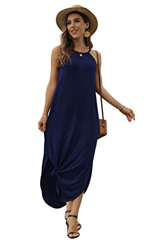Grecerelle Women's Summer Loose Side Slit Halter Fashion Maxi Dress Navy Blue-Large #TOP1