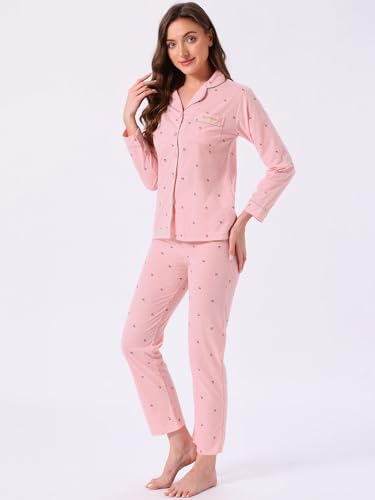 cheibear Womens Lounge Set Cotton Button Up Cute Pattern Print Long Sleeve Notched Collar Pants Set with Pockets Pajama Set2