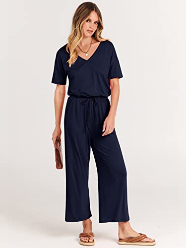Anrabess Women Summer Casual Short Sleeve V Neck Elastic Waist Wide Leg Cropped Pants Jumpsuits Rompers With Pockets Blue X-Large thumb #2