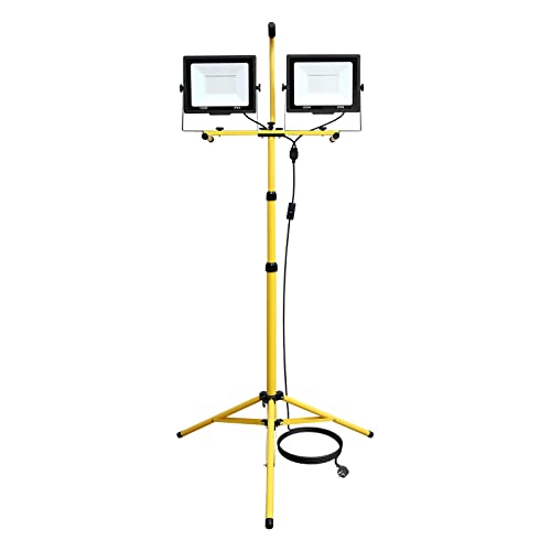 RIGIDON 200W Foco led con trípode telescópico, 20000lm luz de trabajo portátil con enchufe, proyector led para taller, mecanico, obra de construcción, garaje, jardín, interior y exterior, 6000K IP65