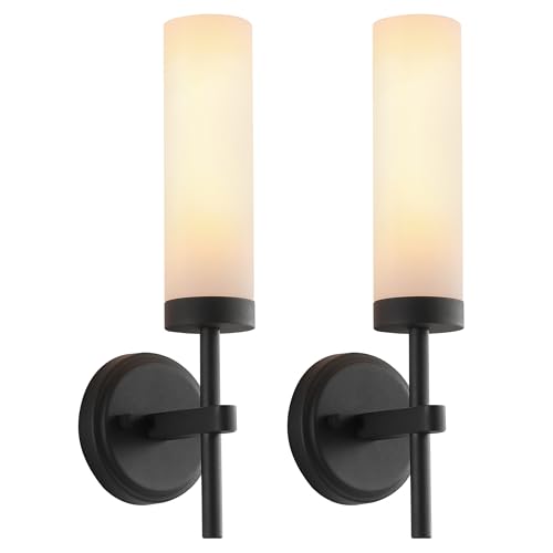 Wall Sconces Set of Two,Matte Black Bathroom Sconces Wall Lighting with White Glass, Modern Sconces Wall Decor Set of 2 Wall Light fixtures for Bathroom Mirror Living Room Hallway Bedroom Wall Lamp