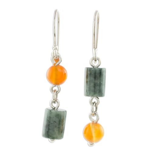 NOVICA Artisan Jade and Carnelian Dangle Earrings from Guatemala Sterling Silver Gemstone Birthstone [1.6 in L x 0.2 in W x 0.2 in D] ' Sunny Viridian'