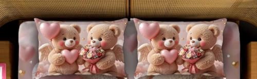 Image of Premium 7D Digital Printed Cotton Flat Bedsheet (90 X 100) Inch with 2 King Size Pillow Covers -300 TC Fabric, Design & Superior Comfort Double Bedsheet for Double Bed (Pink - Teddy Bear)