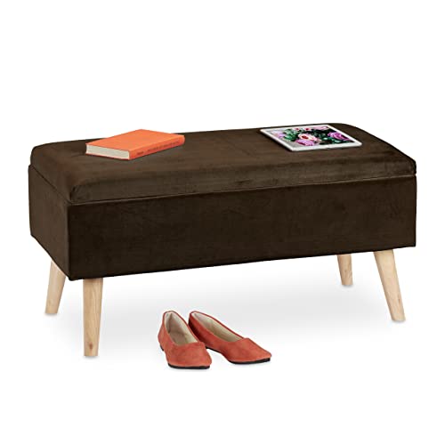 Relaxdays 0 Baúl Almacenamiento, Funda Terciopelo, 40 L, Acolchado, Patas Madera, Asiento Almacenaje, 41x80x40 cm, Marrón, 1
