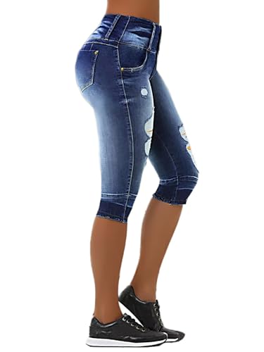 Flamingals Women's Distressed Mid Waist Skinny Jeans Stretchy Button Raw Hem Fall Trendy Denim Capris2