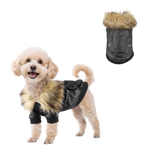 PETLESO Hundebekleidung Winter Hundemantel Warm Fleece Hundejacke Aufknöpfen Leder Winterjacke für Kleine und Mittelgroße Hunde - M