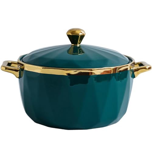 Hgjgwqh Ceramic Soup Tureen with Lid, Large Serving Bowl with Lid and Handles, Bone China Gold Rim Design Soup Bowl for Serving Salad Pasta Noodles Stew, Microwave and Dishwasher Safe,1800ml