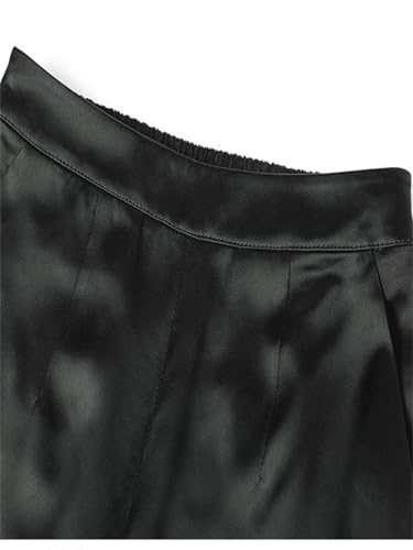 Women Solid Pockets Silk Trousers Elastic High Waist Office Loose Straight Wide Leg Pants3