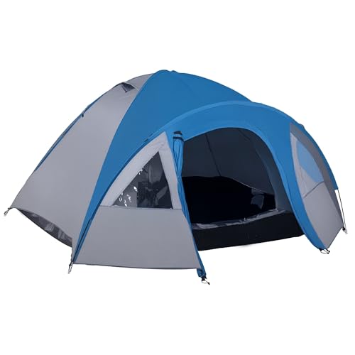 Outsunny Tienda de Campaña para 3-4 Personas Tienda de Camping Doble Capa con Ventanas 2 Bolsillos y Bolsa de Transporte 250x300x130 cm Gris y Azul