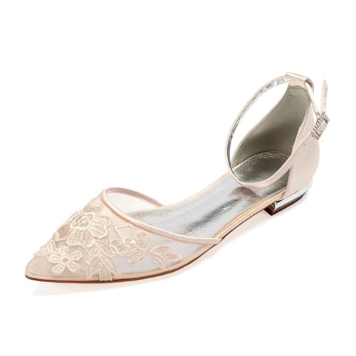 Image of Mesh Appliques Wedding Flats for Bride Pointed Toe Tie up Bridesmaids Shoes