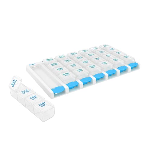Image of Ezy Dose Push Button Weekly 7-Day, 4X Per Day Pill Organizer, Blue, Large | Weekly Pill Case, Medicine Planner, Daily Vitamin Organizer, 4 Times a Day, Arthritis Friendly Push Button Lids, BPA Free