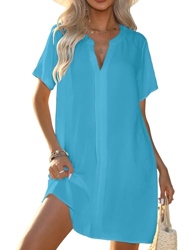 Image of Halife Women's Swimsuit Cover Up Shirt V Neck Short Sleeve Bathing Suit Coverups Summer Beach Cover Ups