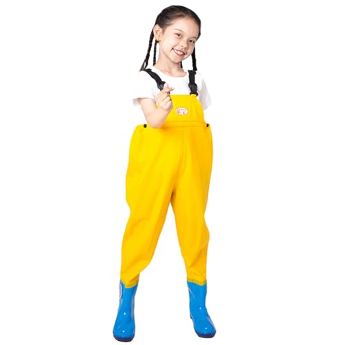 Generisch Kinder Wathose Mit Stiefeln Jungen Mädchen wasserdichte Angelhose Starkes Wattschuhe Angelstiefel Strandspielen Angelbekleidung Angelhosen Fischerhose Arbeitshose (Yellow, 8-9 Years)