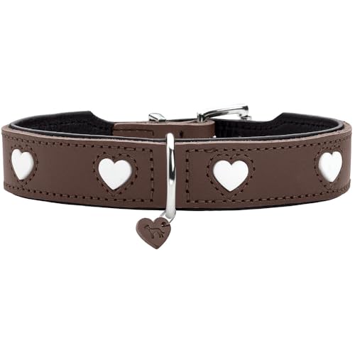 Hunter Hundehalsband Love, Farbe: braun/schwarz, weiches, Robustes Rindsleder, einzeln eingenähte Herzen, handgefertigt, hoher, besonders anschmiegsam, Made in Germany, Größe 32