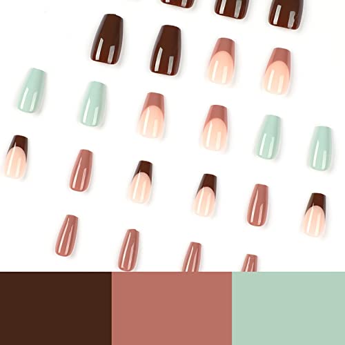 MISUD Medium Coffin Press on Nails Ballerina Fake Nails Glossy Glue on Nails Fall Brown Artificial Acrylic Nails French Tip Stick on False Nails with Design 24 pcs - Image 6
