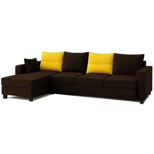 Image of CASASTYLE Texon 5 Seater Fabric LHS L Shape Sofa Set (Yellow-Dark Brown) Velvet Finish | Comfortable Sectional Sofa Set