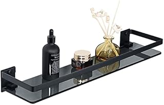 SAYAYO Bathroom Shelf Tempered Black Glass Shelf Wall Mounted with SUS304 Stainless Steel Rail, Shower Storage Shelves 20-Inch/ 500MM Length, EGDL1001-50-B