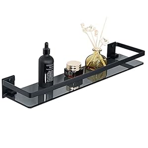 SAYAYO Gehard Glazen Plank Badkamer Plank 50 CM met Rail Roestvrij Staal Glas Plank Wandmontage, 7 MM Dikte Zwart Glas Matzwarte Afwerking, EGDL1001-50-B