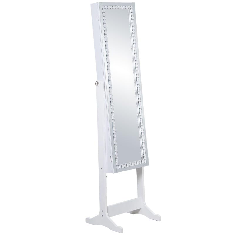 DRW Specchio portagioie da terra con porta in legno in bianco 40,5 x 38 x 161 cm, interno 26 x 110 cm