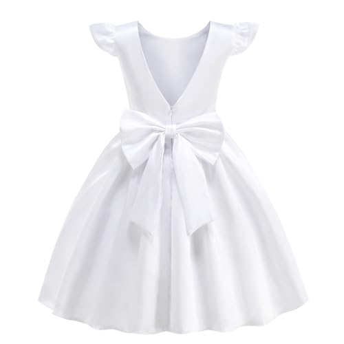 Flower Girl Dress Satin V-Back Flutter Sleeve Pageant Communion Bowknot for Wedding Birthday Guest Party Gown