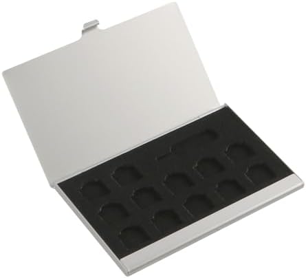 Estuche de almacenamiento para tarjetas SIM, 12 ranuras, con pasador eyector y aluminio plateado.