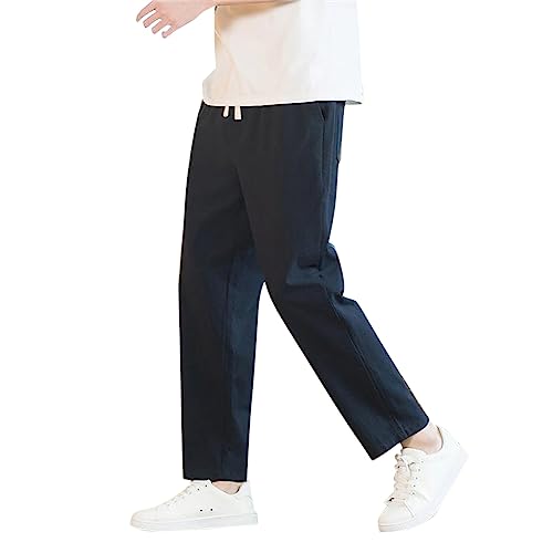 Pantalones casuales de lino para hombre, pantalones ligeros de algodón y lino para hombre, cintura elástica, pantalones de color sólido con bolsillos, pantalones de pierna recta, pantalones de ajuste
