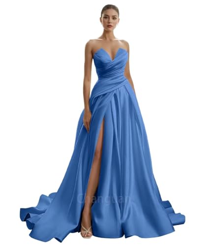 Changuan Strapless Satin Prom Dresses for Women 2025 Ruched Wedding Dress Long Ball Gown A-line Formal Gowns with Slit