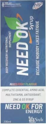 LIFE STYLE STUDIO NEED OK Mixed Fruit Flavour Syrup Complete Essential Amino Acid, Multivitamin, Antioxidant, Zinc & D3 Syrup (200 ml) (Pack of 2) LIFE STYLE STUDIO NEED OK Mixed Fruit Flavour Syrup Complete Essential Amino Acid, Multivitamin, Antioxidant, Zinc & D3 Syrup (200 ml) (Pack of 2)