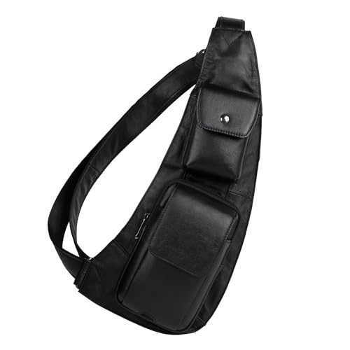 Bolso bandolera de cuero genuino negro 6056 con puerto USB integrado para hombres activos