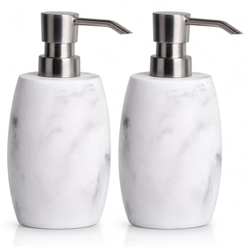 Clasin Home Resin Soap Dispenser Set 2 Refillable Hand Soap Dispenser with White Marble Look and Metallic Pump Kitchen Bathroom Waterproof Labels (12 Oz)