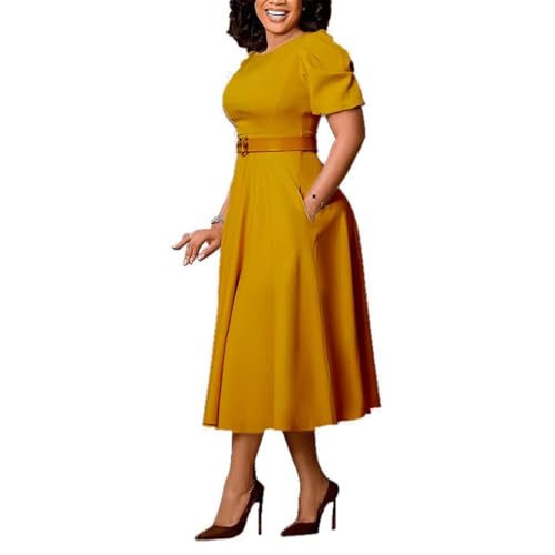 Women's Stylish Round Neck Puff Sleeve Dress Elegant Short Sleeve High Waist A-Line Big Swing Office Dress with Belt (Color : Yellow, Size : Small)