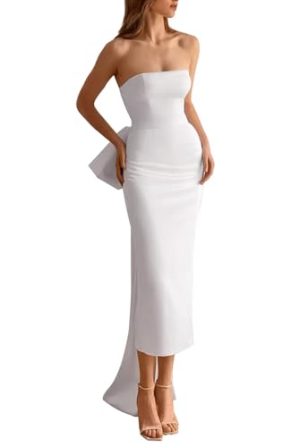 Vestido de fiesta de sirena de satén para mujer, vestido de fiesta de cóctel con abertura formal con lazo y cola desmontable, Blanco, 16