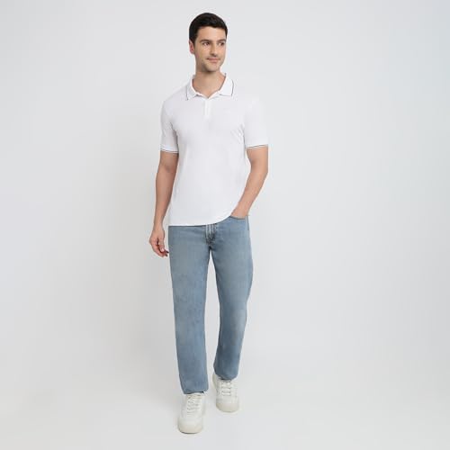 Image of Park Avenue Men Slim Fit Solid Pattern Cotton Polyester Blend Half Sleeve Polo Neck Casual T-Shirt