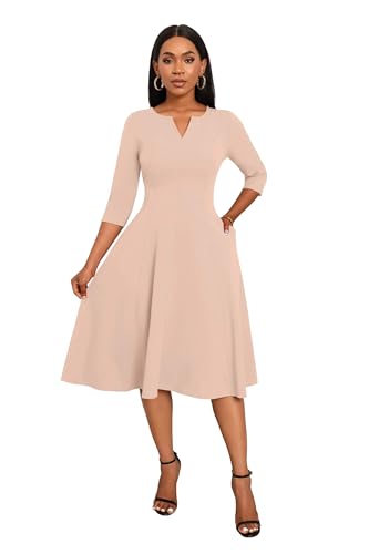 Image of Nmoder Midi Dresses for Women A-Line Fit and Flare Dress 3 /4 Sleeve V Neck Cocktail Wedding Guest Work Dress with Pockets