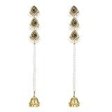 Pendientes de borla larga étnicos Bollywood Jhumki Bell estilo indio para mujer, pendientes colgantes de perlas de imitación, bohemios, oxidados, tradicionales, Jhumka, joyería gitana vintage, Long